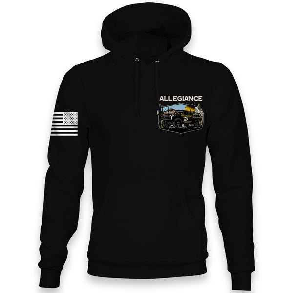 Front view of Allegiance Baja Hoodie with small chest desert truck design