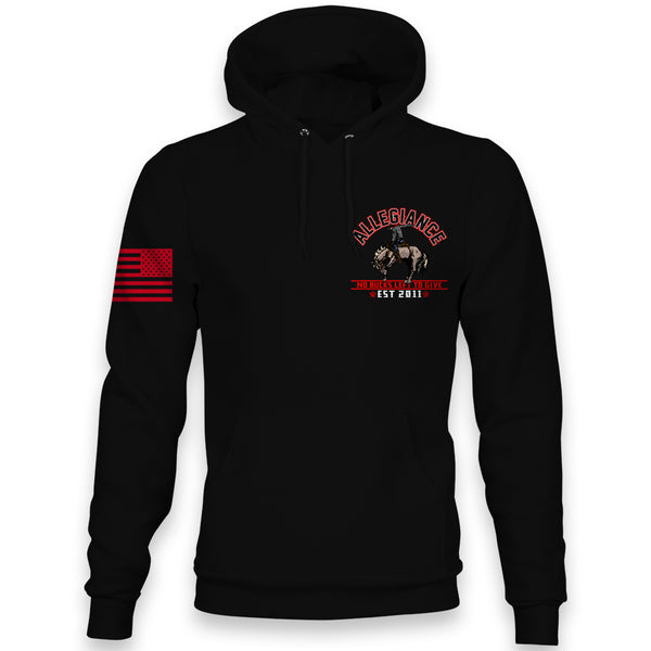 Front view of Allegiance Bucked Hoodie with small chest cowboy riding horse design