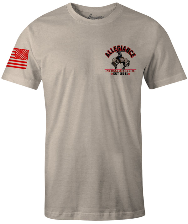 Front of Bucked Premium Tee in natural color featuring small Allegiance chest logo and American flag sleeve print.