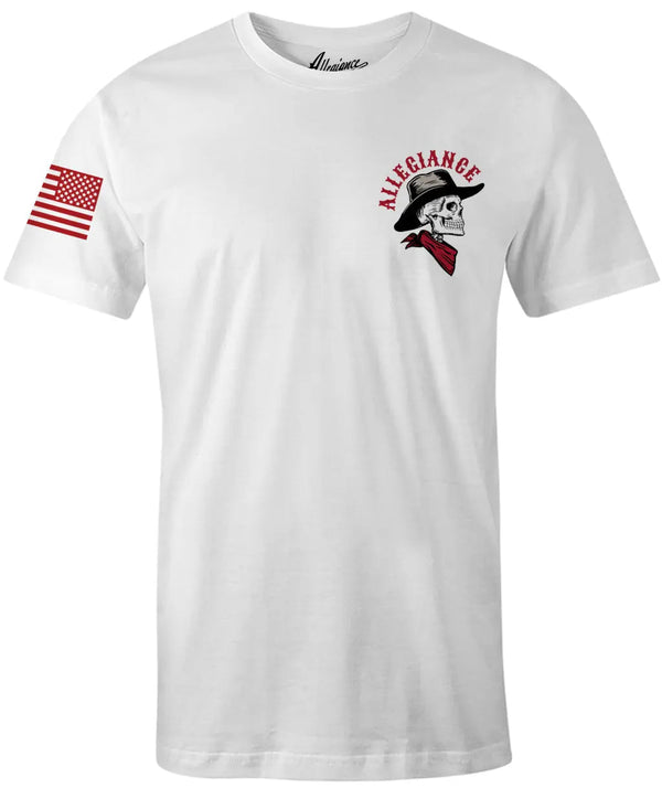 Front of Cowboy Tee in white featuring small skeleton cowboy head graphic and American flag printed on the sleeve.