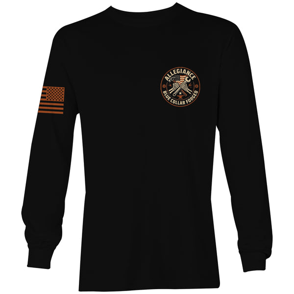Front view of Allegiance Forged Long Sleeve Tee with circular Blue Collar Forged logo and bronze American flag on sleeve
