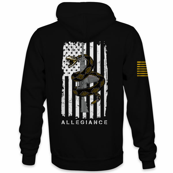 Back view of Allegiance Rattler Hoodie with rattlesnake rifle and distressed American flag graphic