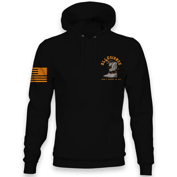 Front view of the black Allegiance Western Hoodie with small chest boot and snake design