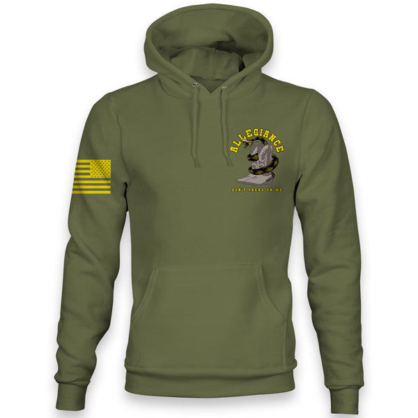 Front view of the OD Green Allegiance Western Hoodie with small chest boot and snake design