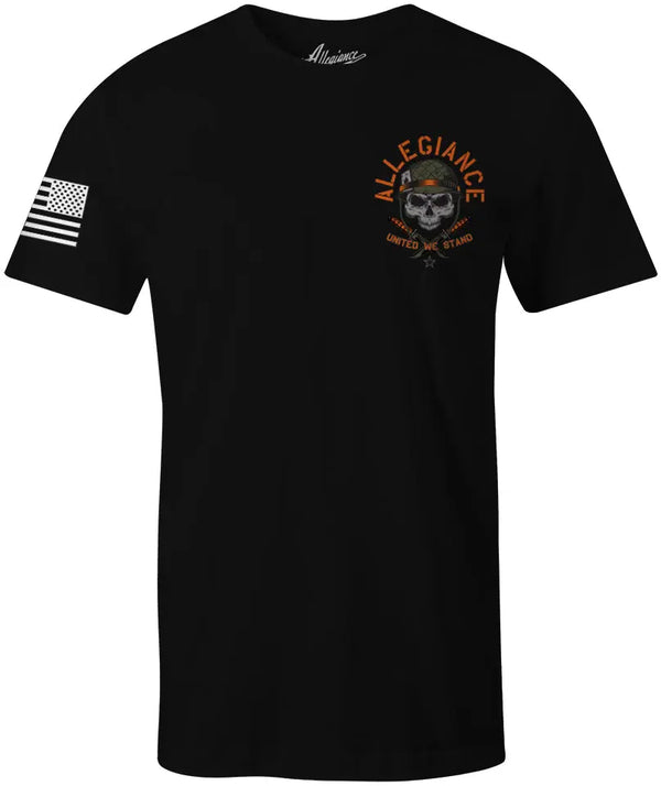 Front of Spade Tee in black with small chest graphic and American flag sleeve print