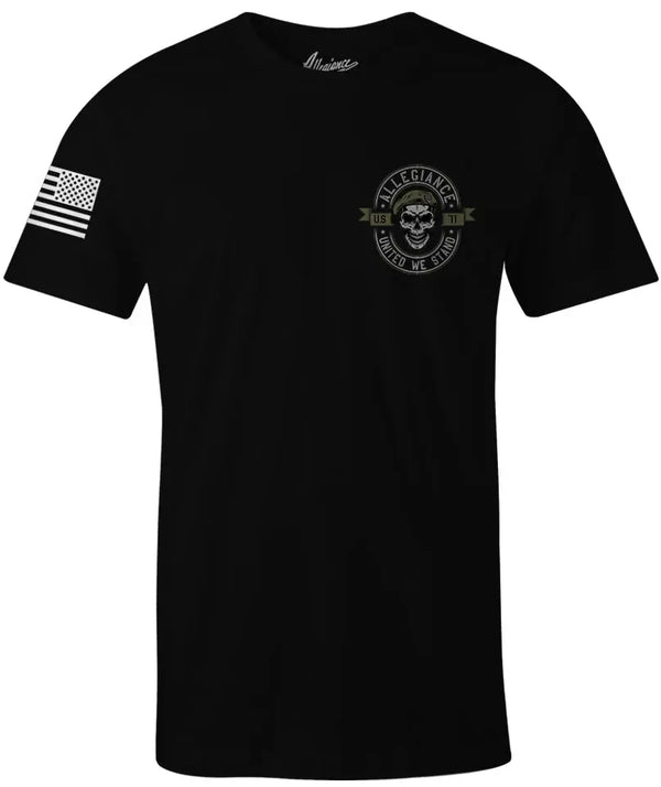 Front of Beret Tee in black with small chest graphic and American flag sleeve print