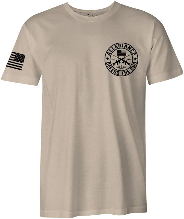 Front of Defend The 2nd Premium Tee in Sand with small chest print and sleeve detail