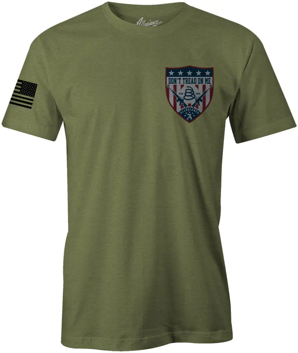 Front of Don't Tread Shield Premium Tee in OD Green with small chest graphic and American flag sleeve print