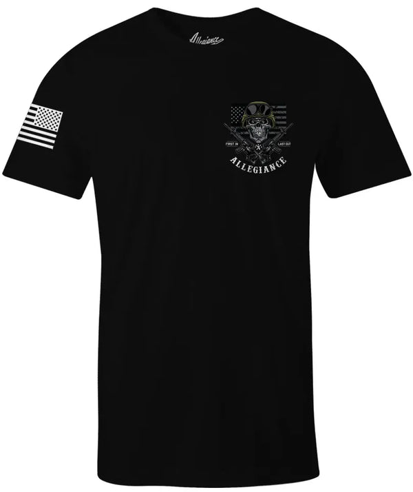 Front of Last Out Tee in black with small chest graphic and American flag sleeve print