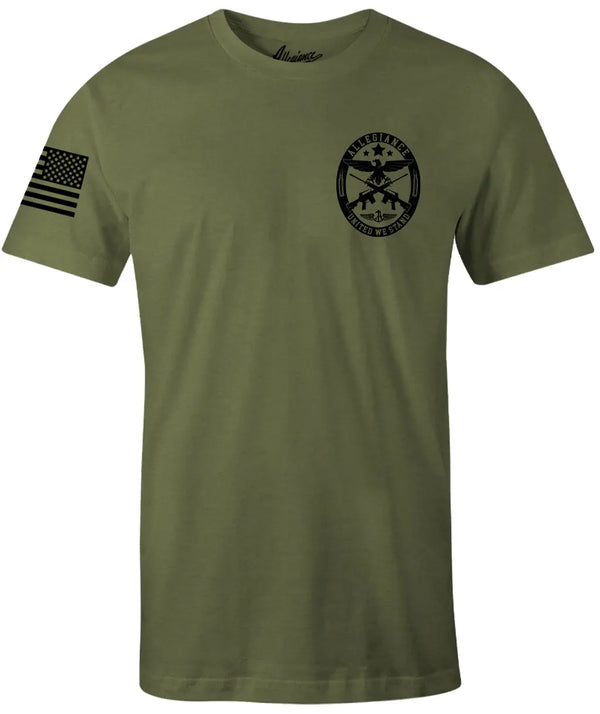 Front of Seal 2.0 Premium Tee in OD Green with small chest graphic and American flag sleeve print