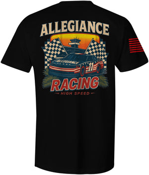 Back view of Allegiance Racing Tee featuring patriotic stock car and checkered flag design with text “Allegiance Racing High Speed”