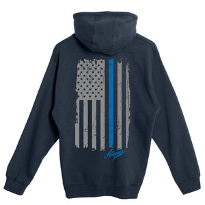 Back of navy Allegiance Back the Blue zip-up hoodie showing a large distressed American flag design with a blue line and Allegiance script.