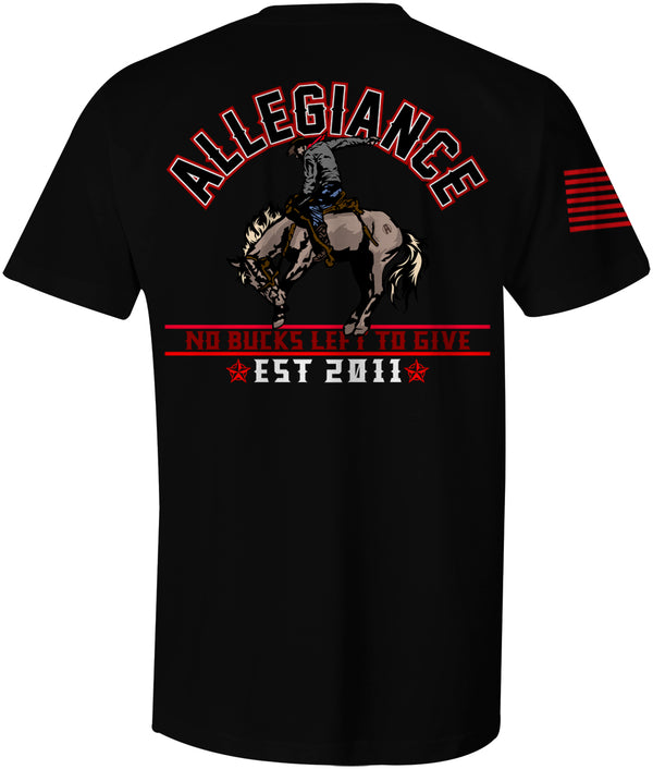 Back of Bucked Graphic Tee in black showcasing large cowboy riding a bucking horse graphic with "No Bucks Left to Give" slogan and Allegiance text.