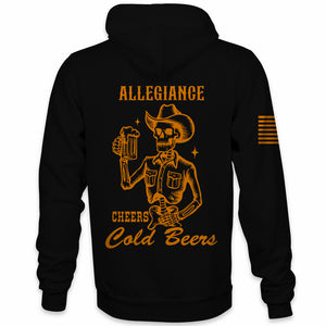 Back view of Allegiance Cold Beer Hoodie with cowboy skeleton and Cheers Cold Beers graphic.