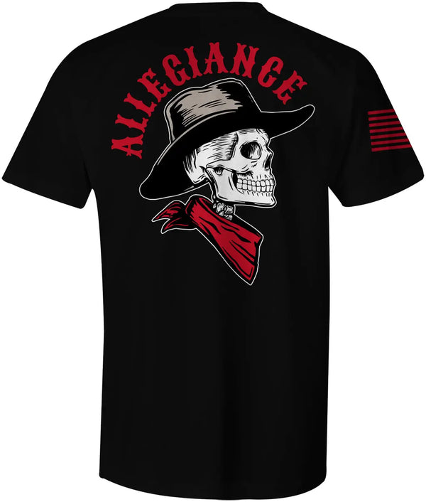 Back of Cowboy Tee in black showing large skull wearing cowboy hat and bandana, with “Allegiance” above the design.