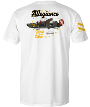 Back view of the white Death From Above Premium Tee featuring vintage bomber plane, stars, and Death From Above script