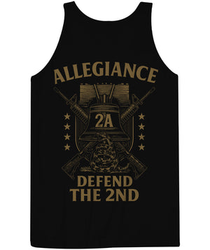Back of Allegiance Defend Liberty Tank Top featuring Liberty Bell, rifles, rattlesnake, and Defend the 2nd graphic