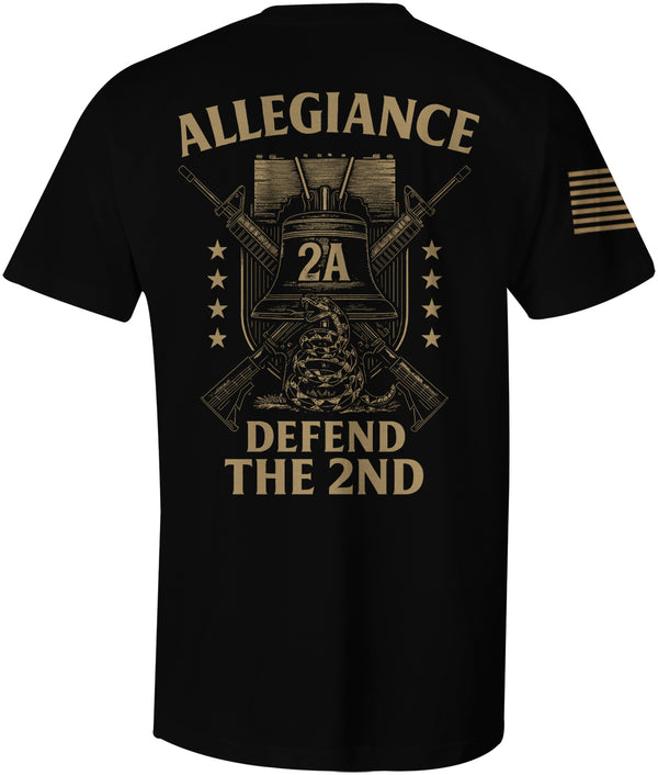 Back of Allegiance Defend Liberty Tee – large design with Liberty Bell, coiled snake, stars, rifles, and “Defend the 2nd” text