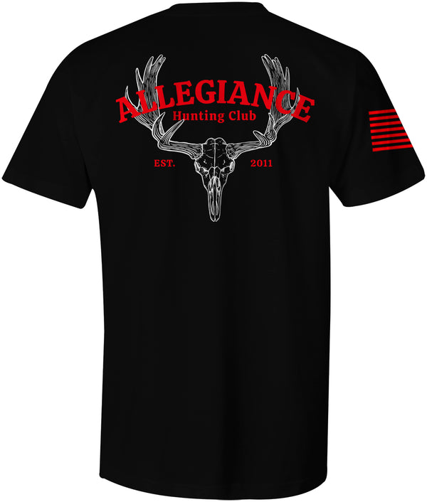 Back of Hunting Club Graphic Tee in black featuring large deer skull with antlers, Allegiance text, and “Hunting Club – Est. 2011” graphic