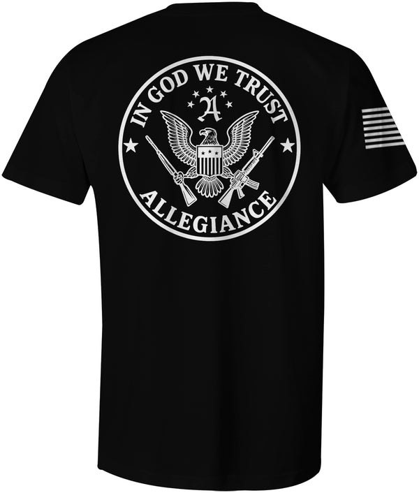 Large patriotic eagle seal with rifles and the words 'In God We Trust Allegiance' printed on the back of a black tee