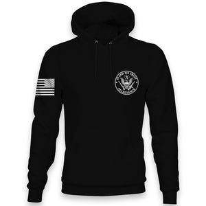 Front view of Allegiance In God We Trust Hoodie with small chest seal design.