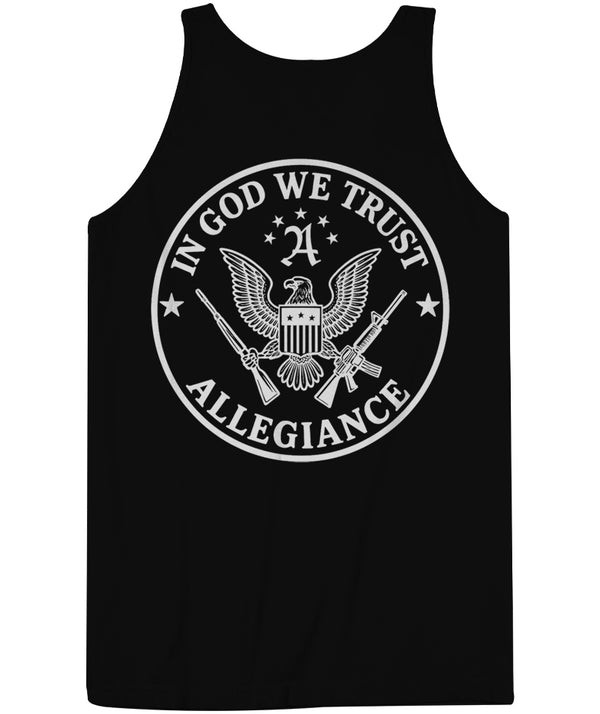 Bold eagle seal design with rifles, stars, and 'In God We Trust Allegiance' printed large on the back of a black tank top