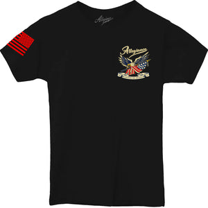 Front view of Loyalty Youth Tee with eagle and American flag chest graphic and red sleeve flag print.