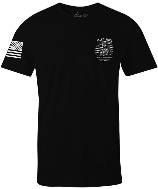 Allegiance No Man Left Tee front chest graphic with skull soldier design on black shirt