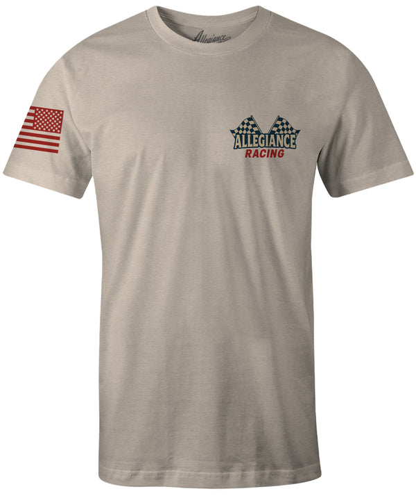 Front view of Allegiance Racing Premium Tee in sand color with checkered flag logo and red American flag on sleeve