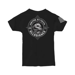 Black Serpent Toddler Tee with skull and rattlesnake design from Allegiance Clothing Back view of Serpent Toddler Tee featuring "United By Faith" and "Allegiance" text Back view of Serpent Toddler Tee with detailed circular graphic and American flag sleeve