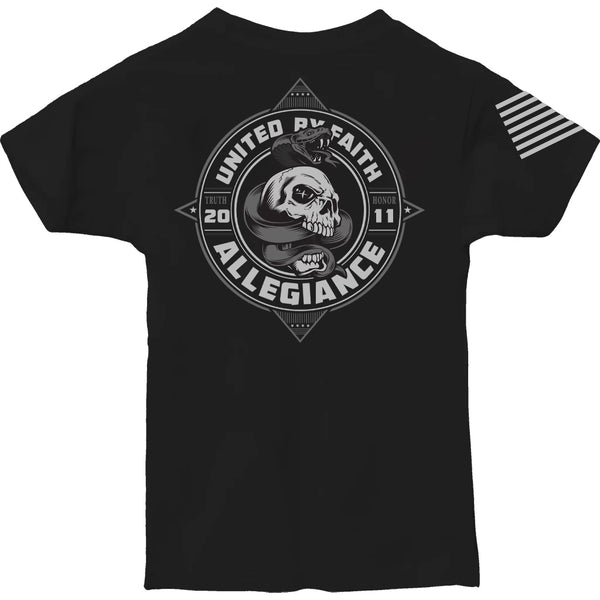 Black Serpent Youth Tee back with skull, rattlesnake, and "United By Faith" text from Allegiance Clothing Black Serpent Youth Tee back with detailed circular graphic and American flag sleeve from Allegiance Clothing