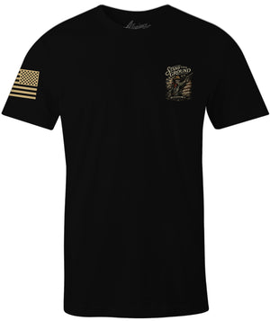 Stand Your Ground black patriotic t shirt with left chest skeleton cowboy graphic and American flag sleeve print