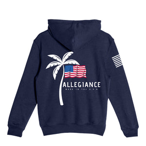 Vibe Youth Hoodie back view — large palm tree and USA flag design on navy youth hoodie by Allegiance Clothing