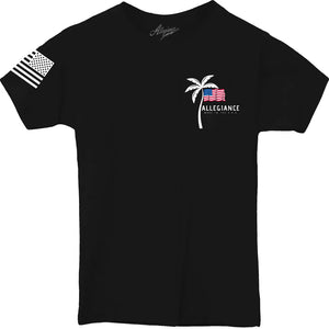 Black Vibe Youth Tee front with palm tree and American flag design from Allegiance Clothing Black Vibe Youth Tee back with "Allegiance" logo and "Made in the USA" text from Allegiance Clothing