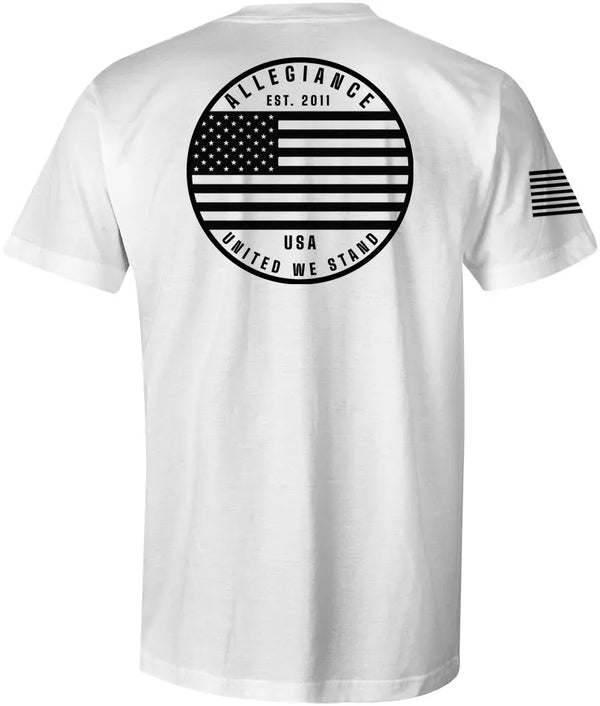 Back of Patriot Tee in white featuring large Patriot logo graphic
